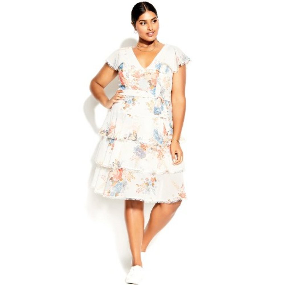 City Chic Floral Print Dress - White and Blue